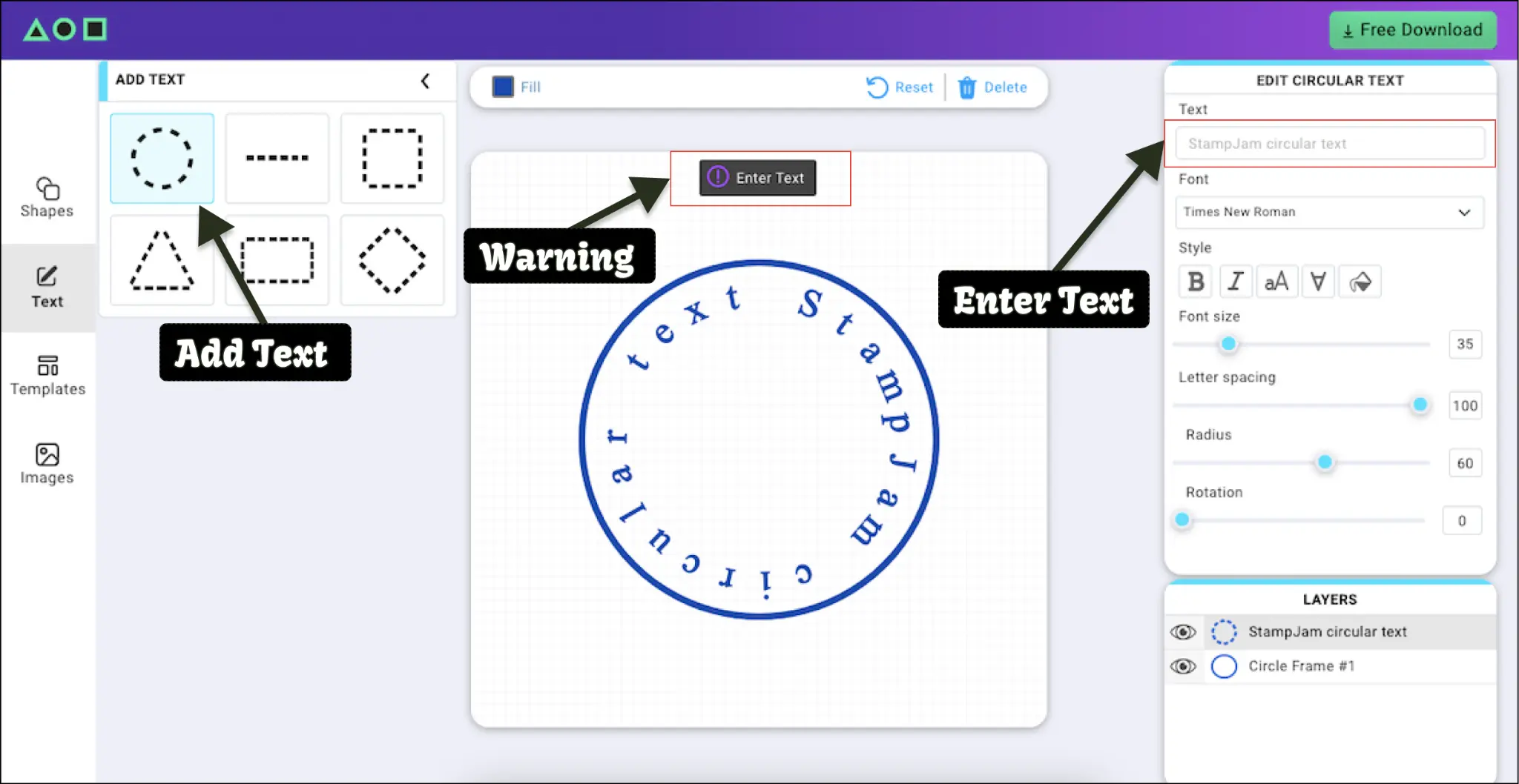 how to make a stamp online with Stampjam add text explanation